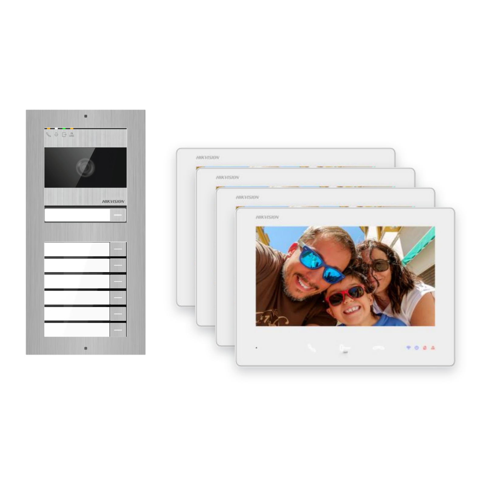 2-Draht-Bus Video-Türsprechanlage Set · 2-Modul Aufputz Edelstahl · Klingel · 4× Monitor – Türstation, Innenstation und Smartphone-App