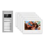 2-Draht-Bus Video-Türsprechanlage Set · 2-Modul Aufputz Edelstahl · Klingel · 5× Monitor – Türstation, Innenstation und Smartphone-App