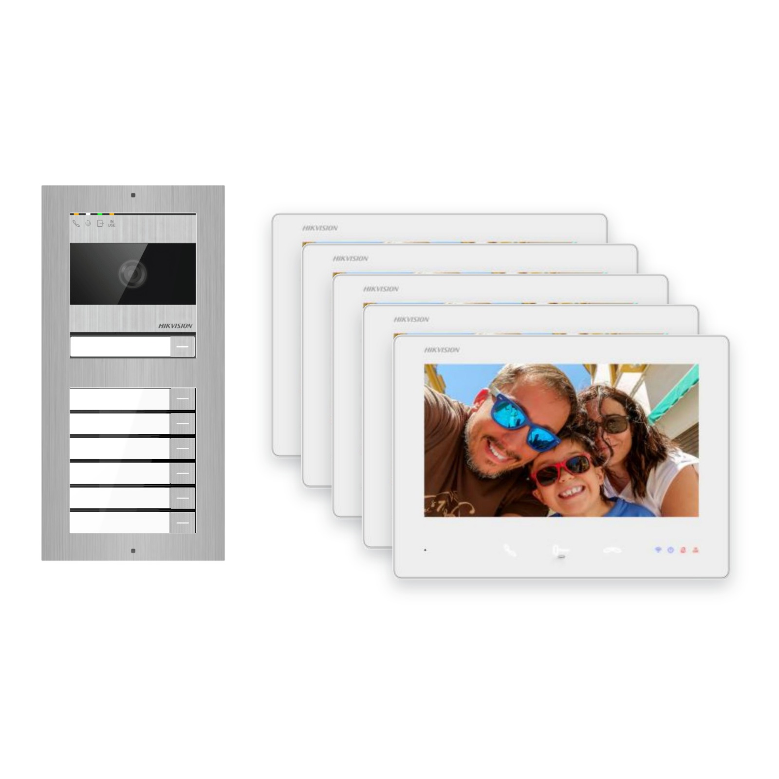2-Draht-Bus Video-Türsprechanlage Set · 2-Modul Aufputz Edelstahl · Klingel · 5× Monitor – Türstation, Innenstation und Smartphone-App