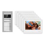 2-Draht-Bus Video-Türsprechanlage Set · 2-Modul Aufputz Edelstahl · Klingel · 6× Monitor – Türstation, Innenstation und Smartphone-App