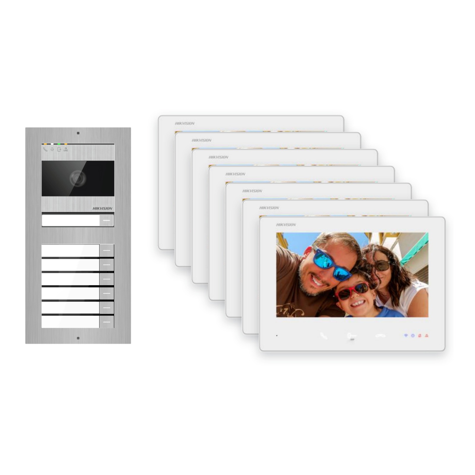 2-Draht-Bus Video-Türsprechanlage Set · 2-Modul Aufputz Edelstahl · Klingel · 7× Monitor – Türstation, Innenstation und Smartphone-App