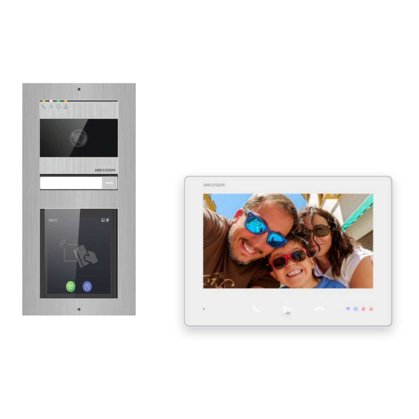 2-Draht-Bus Video-Türsprechanlage Set · 2-Modul Aufputz Edelstahl · Touch-Display · 1× Monitor – Türstation, Innenstation und Smartphone-App
