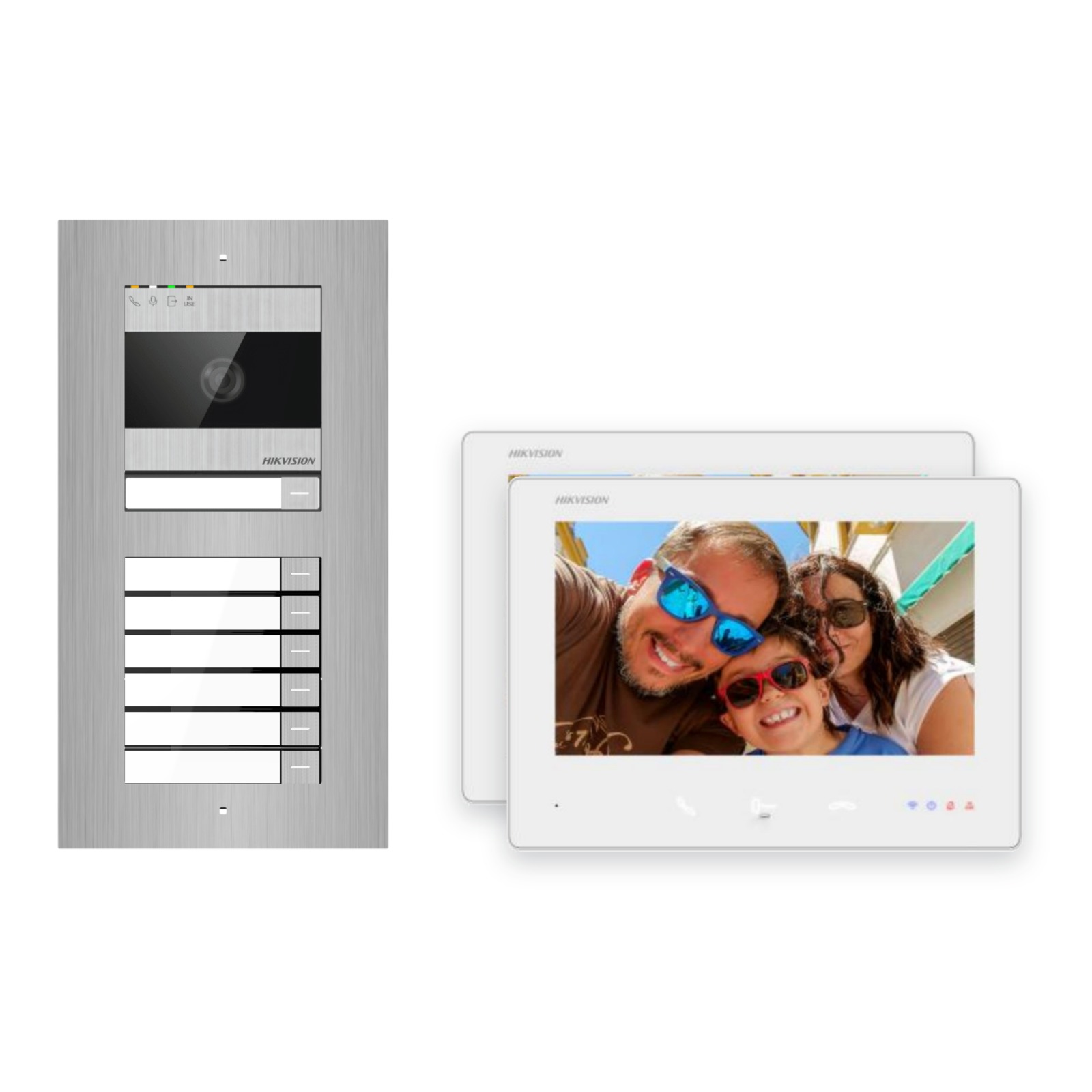 Hikvision 2-Draht-Bus Video-Türsprechanlage 2-Familienhaus – Komplett-Set Edelstahl, Unterputz Hikvision 2-Draht-Bus Video-Türsprechanlage 2-Familienhaus – Komplett-Set Edelstahl, Unterputz – Türstation und Innenstation