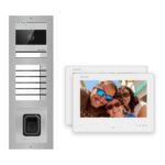 2-Draht-Bus Video-Türsprechanlage Set · 3-Modul Aufputz Edelstahl · Klingel + Fingerprint · 2× Monitor – Türstation, Innenstation und Smartphone-App