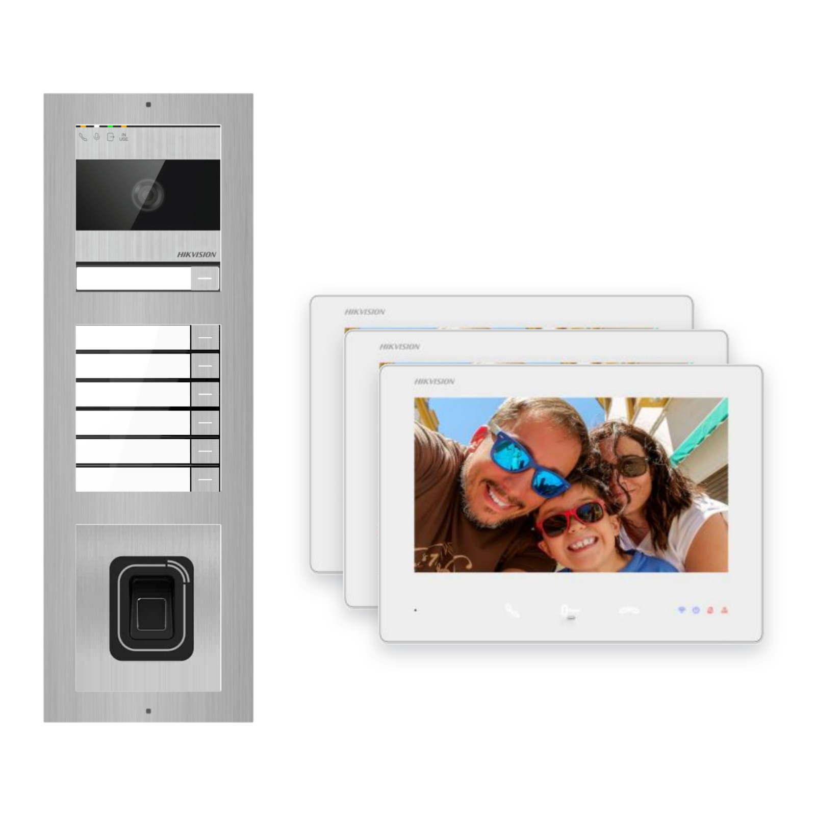 2-Draht-Bus Video-Türsprechanlage Set · 3-Modul Aufputz Edelstahl · Klingel + Fingerprint · 3× Monitor – Türstation, Innenstation und Smartphone-App