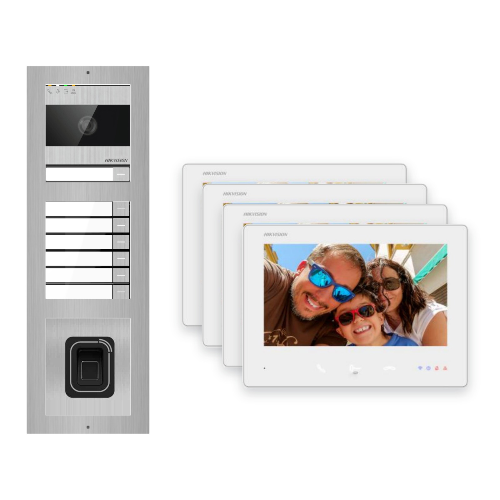 2-Draht-Bus Video-Türsprechanlage Set · 3-Modul Aufputz Edelstahl · Klingel + Fingerprint · 4× Monitor – Türstation, Innenstation und Smartphone-App