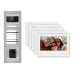 2-Draht-Bus Video-Türsprechanlage Set · 3-Modul Aufputz Edelstahl · Klingel + Fingerprint · 5× Monitor – Türstation, Innenstation und Smartphone-App
