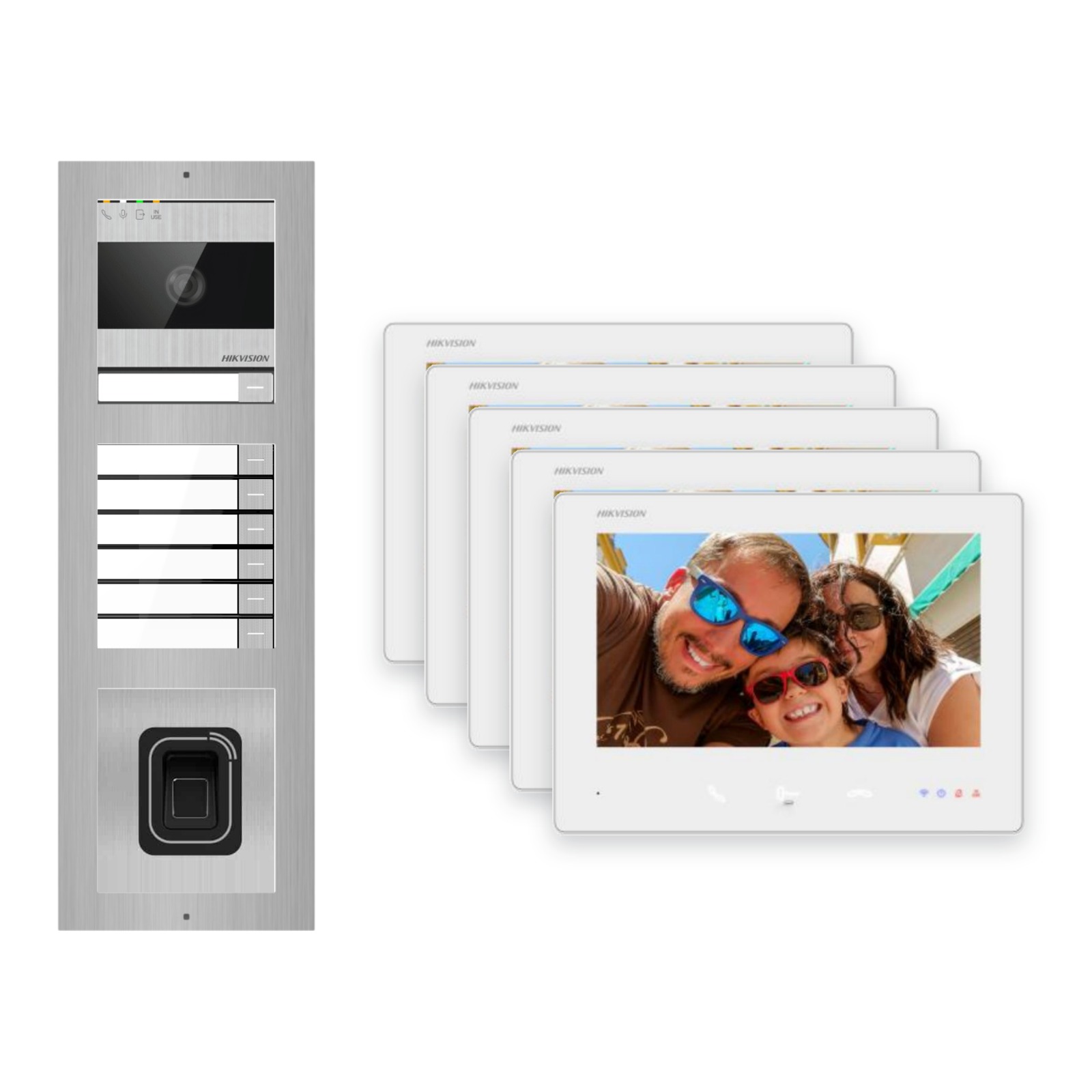 2-Draht-Bus Video-Türsprechanlage Set · 3-Modul Aufputz Edelstahl · Klingel + Fingerprint · 5× Monitor – Türstation, Innenstation und Smartphone-App