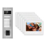 2-Draht-Bus Video-Türsprechanlage Set · 3-Modul Aufputz Edelstahl · Klingel + Fingerprint · 6× Monitor – Türstation, Innenstation und Smartphone-App