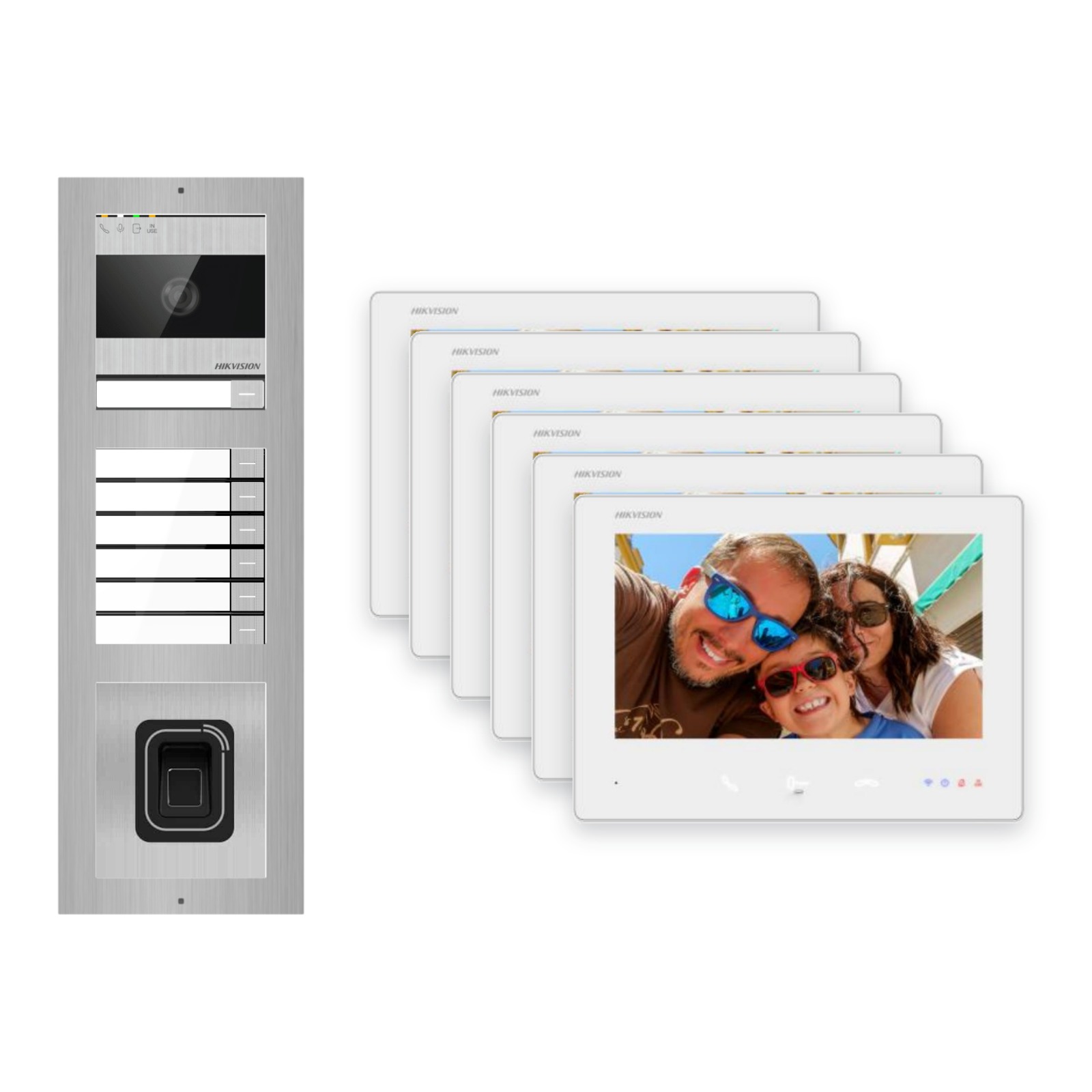 2-Draht-Bus Video-Türsprechanlage Set · 3-Modul Aufputz Edelstahl · Klingel + Fingerprint · 6× Monitor – Türstation, Innenstation und Smartphone-App