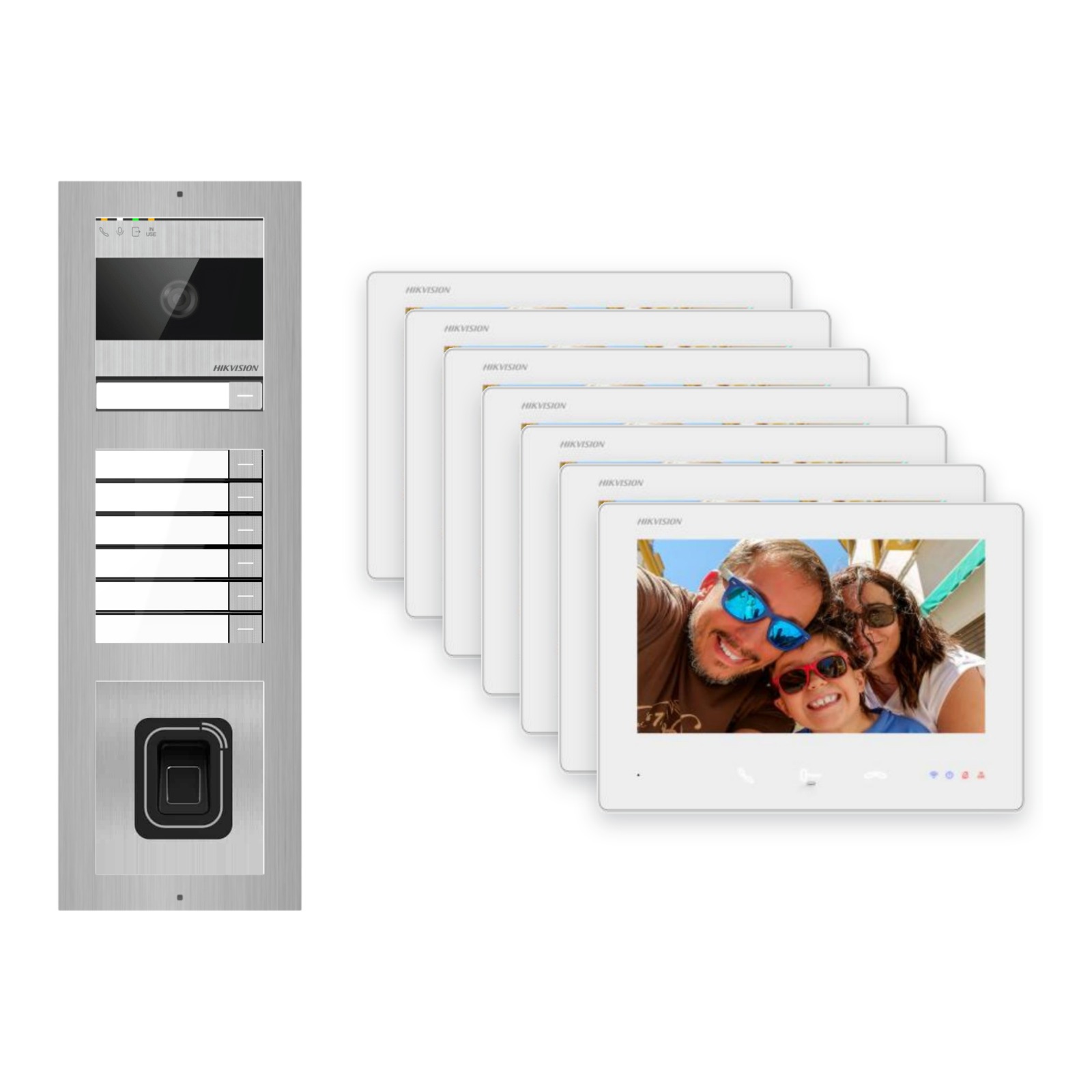 2-Draht-Bus Video-Türsprechanlage Set · 3-Modul Aufputz Edelstahl · Klingel + Fingerprint · 7× Monitor – Türstation, Innenstation und Smartphone-App