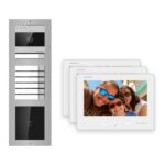2-Draht-Bus Video-Türsprechanlage Set · 3-Modul Aufputz Edelstahl · Klingel + Kartenleser · 3× Monitor – Türstation, Innenstation und Smartphone-App