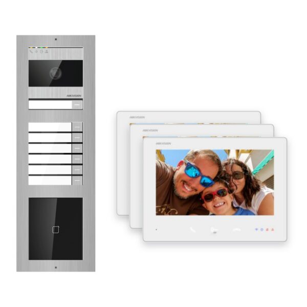 2-Draht-Bus Video-Türsprechanlage Set · 3-Modul Aufputz Edelstahl · Klingel + Kartenleser · 3× Monitor – Türstation, Innenstation und Smartphone-App