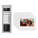 2-Draht-Bus Video-Türsprechanlage Set · 3-Modul Aufputz Edelstahl · Klingel + Kartenleser · 4× Monitor – Türstation, Innenstation und Smartphone-App
