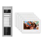 2-Draht-Bus Video-Türsprechanlage Set · 3-Modul Aufputz Edelstahl · Klingel + Kartenleser · 5× Monitor – Türstation, Innenstation und Smartphone-App