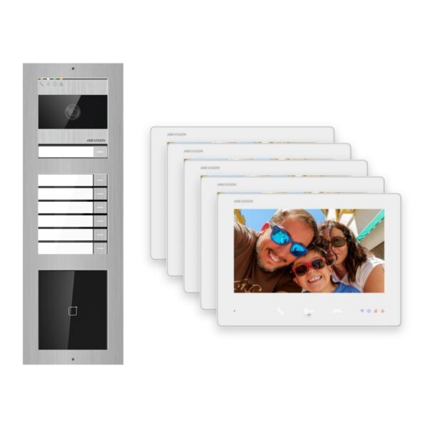 2-Draht-Bus Video-Türsprechanlage Set · 3-Modul Aufputz Edelstahl · Klingel + Kartenleser · 5× Monitor – Türstation, Innenstation und Smartphone-App