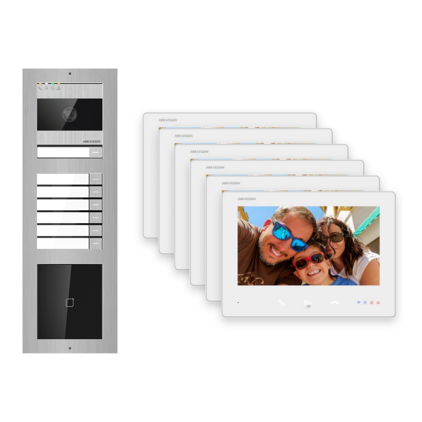 2-Draht-Bus Video-Türsprechanlage Set · 3-Modul Aufputz Edelstahl · Klingel + Kartenleser · 6× Monitor – Türstation, Innenstation und Smartphone-App
