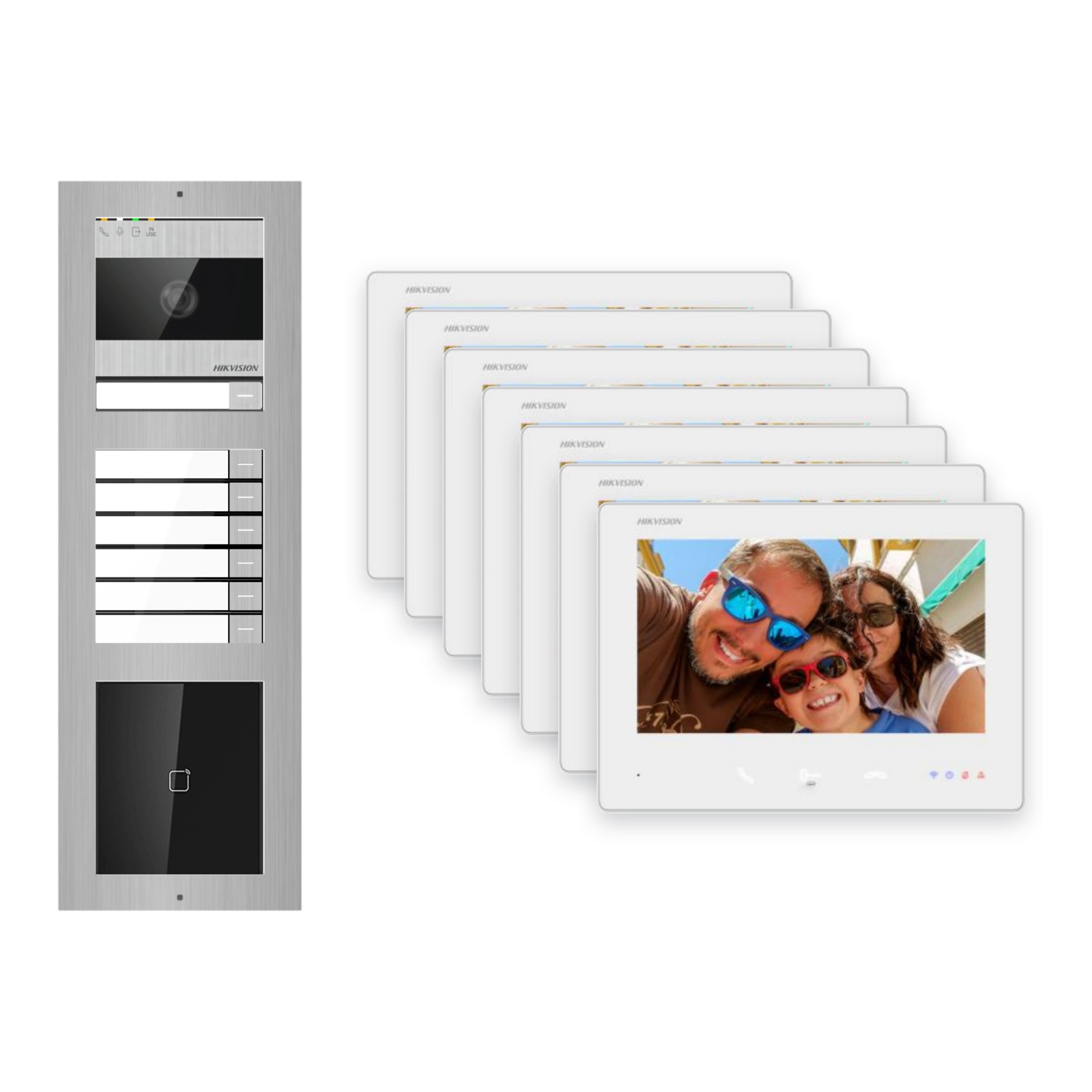 2-Draht-Bus Video-Türsprechanlage Set · 3-Modul Aufputz Edelstahl · Klingel + Kartenleser · 7× Monitor – Türstation, Innenstation und Smartphone-App