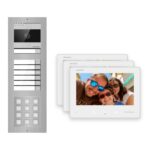 2-Draht-Bus Video-Türsprechanlage Set · 3-Modul Aufputz Edelstahl · Klingel + Tastatur · 3× Monitor – Türstation, Innenstation und Smartphone-App
