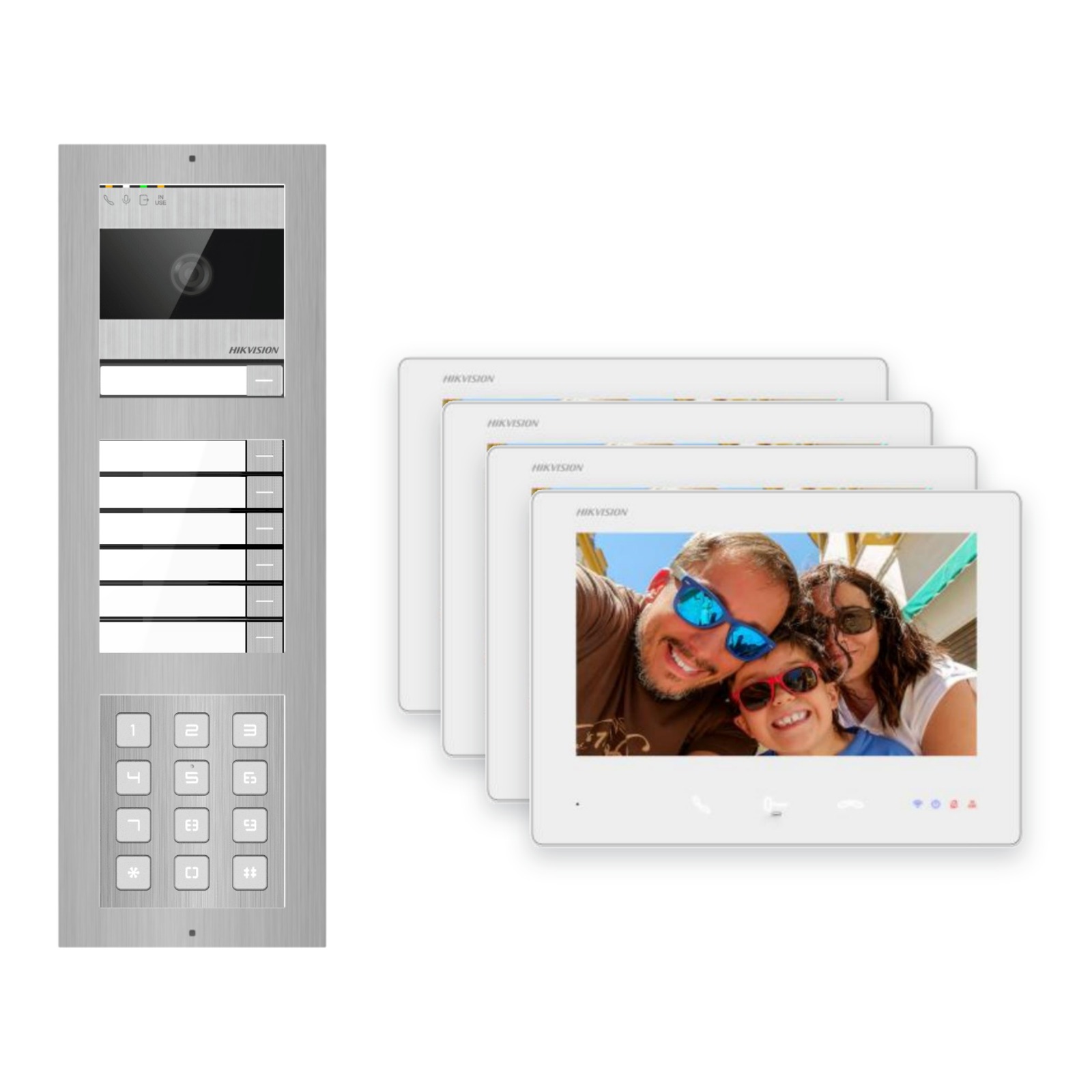 2-Draht-Bus Video-Türsprechanlage Set · 3-Modul Aufputz Edelstahl · Klingel + Tastatur · 4× Monitor – Türstation, Innenstation und Smartphone-App