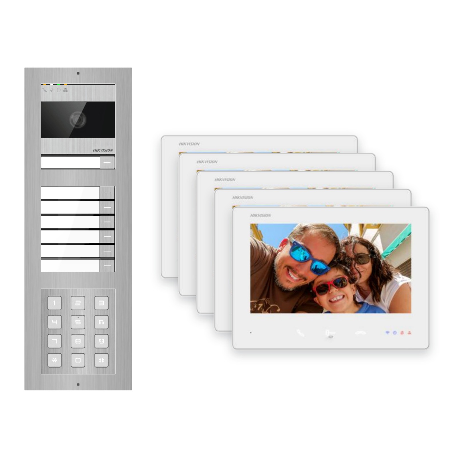 2-Draht-Bus Video-Türsprechanlage Set · 3-Modul Aufputz Edelstahl · Klingel + Tastatur · 5× Monitor – Türstation, Innenstation und Smartphone-App