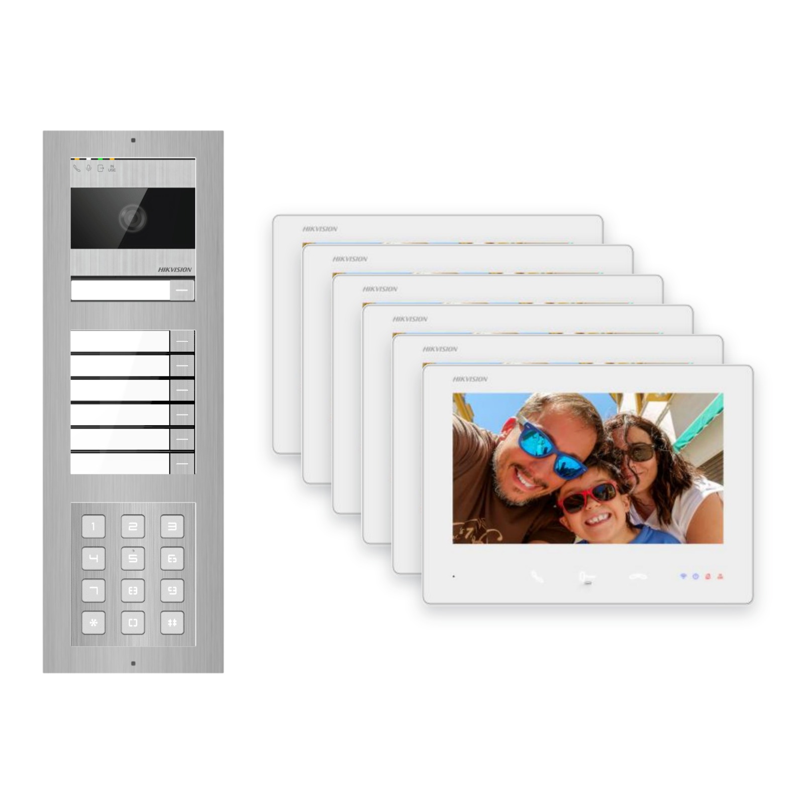2-Draht-Bus Video-Türsprechanlage Set · 3-Modul Aufputz Edelstahl · Klingel + Tastatur · 6× Monitor – Türstation, Innenstation und Smartphone-App