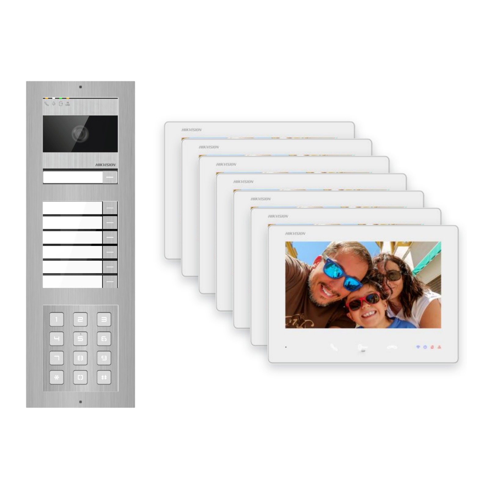 2-Draht-Bus Video-Türsprechanlage Set · 3-Modul Aufputz Edelstahl · Klingel + Tastatur · 7× Monitor – Türstation, Innenstation und Smartphone-App