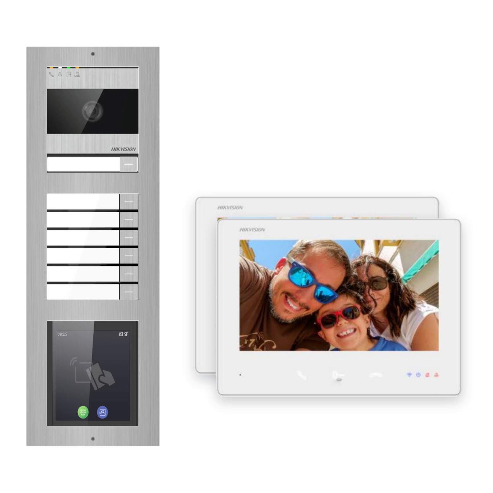 2-Draht-Bus Video-Türsprechanlage Set · 3-Modul Aufputz Edelstahl · Klingel + Touch-Display · 2× Monitor – Türstation, Innenstation und Smartphone-App