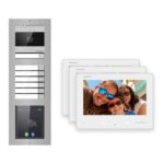 2-Draht-Bus Video-Türsprechanlage Set · 3-Modul Aufputz Edelstahl · Klingel + Touch-Display · 3× Monitor – Türstation, Innenstation und Smartphone-App