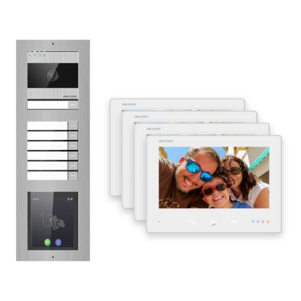 2-Draht-Bus Video-Türsprechanlage Set · 3-Modul Aufputz Edelstahl · Klingel + Touch-Display · 4× Monitor – Türstation, Innenstation und Smartphone-App