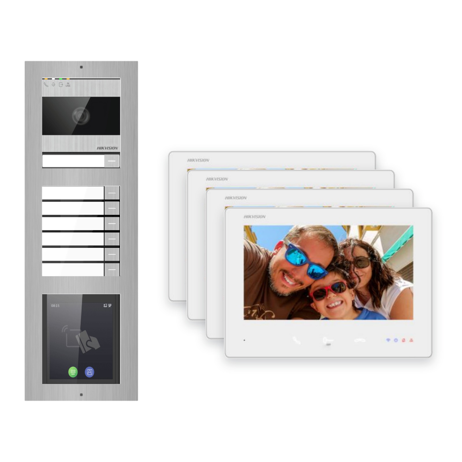 2-Draht-Bus Video-Türsprechanlage Set · 3-Modul Aufputz Edelstahl · Klingel + Touch-Display · 4× Monitor – Türstation, Innenstation und Smartphone-App