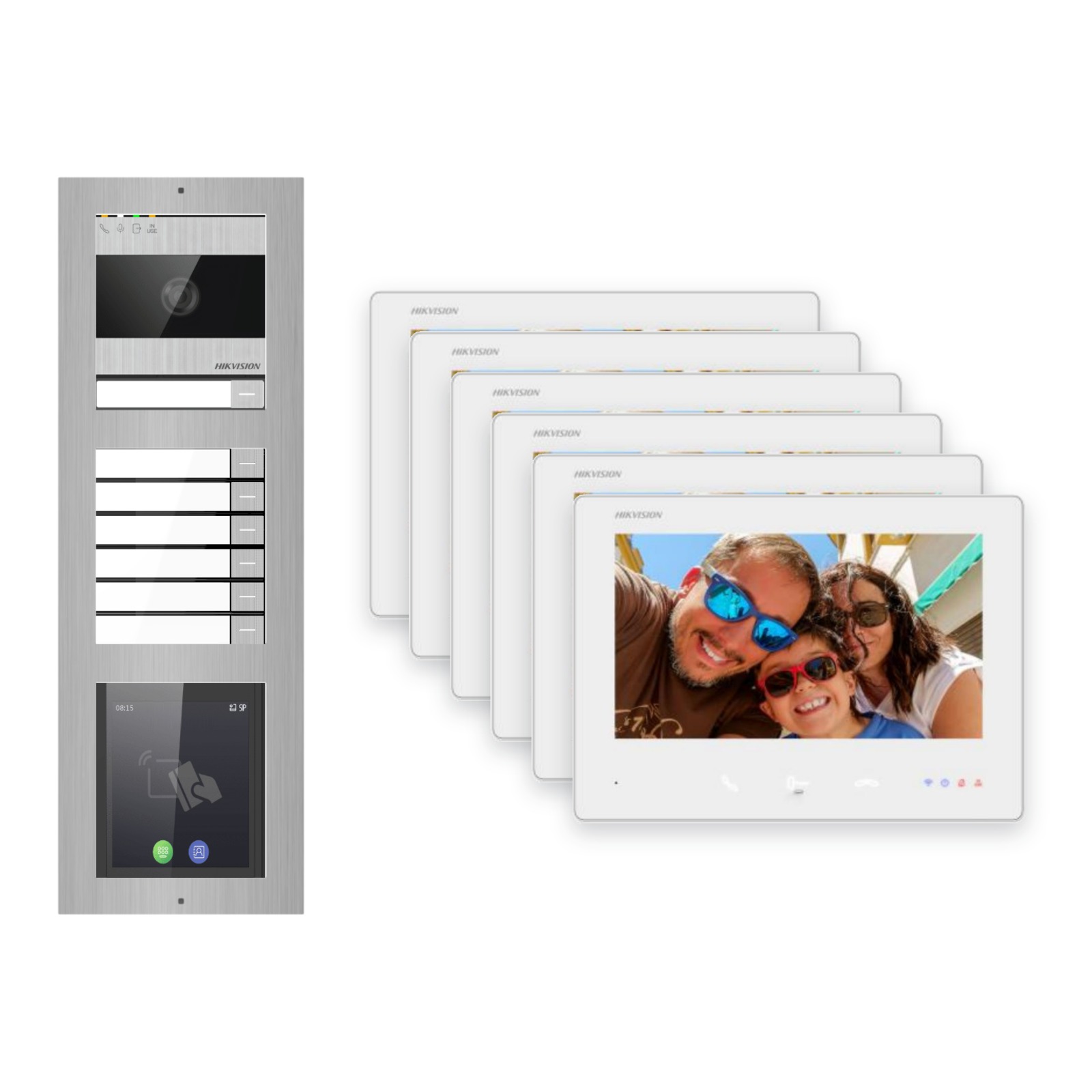 2-Draht-Bus Video-Türsprechanlage Set · 3-Modul Aufputz Edelstahl · Klingel + Touch-Display · 6× Monitor – Türstation, Innenstation und Smartphone-App