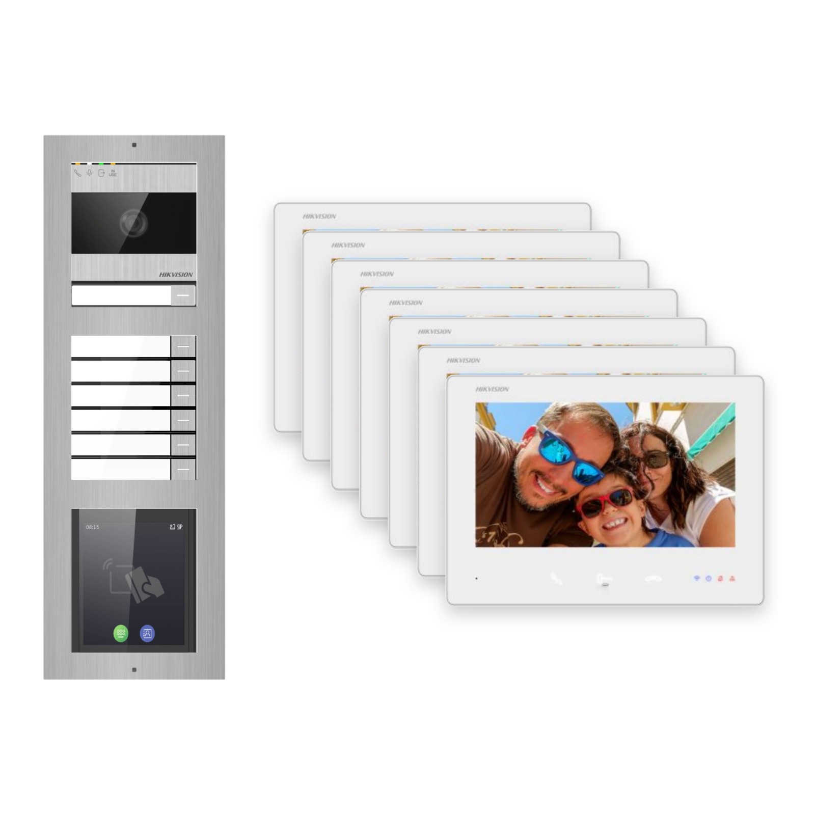 2-Draht-Bus Video-Türsprechanlage Set · 3-Modul Aufputz Edelstahl · Klingel + Touch-Display · 7× Monitor – Türstation, Innenstation und Smartphone-App