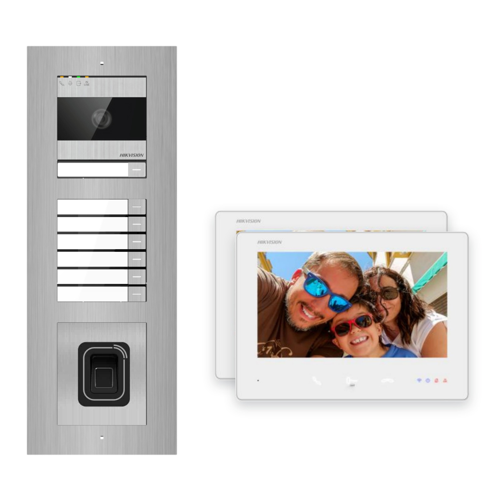 Hikvision 2-Draht-Bus Video-Türsprechanlage 2-Familienhaus – Komplett-Set mit Fingerprint, Unterputz Hikvision 2-Draht-Bus Video-Türsprechanlage 2-Familienhaus – Komplett-Set mit Fingerprint, Unterputz – Türstation und Innenstation