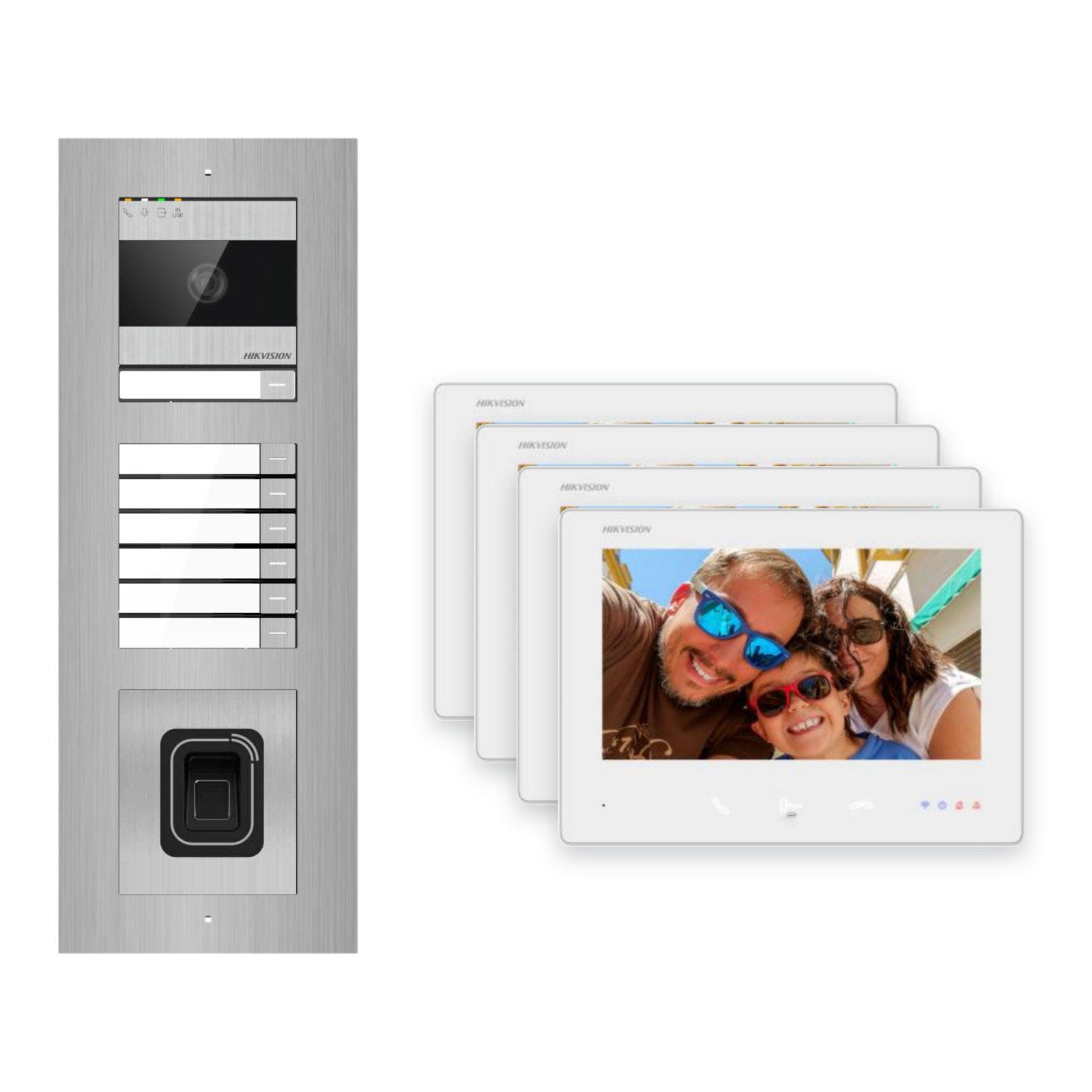 Hikvision 2-Draht-Bus Video-Türsprechanlage 4-Familienhaus – Komplett-Set mit Fingerprint, Unterputz Hikvision 2-Draht-Bus Video-Türsprechanlage 4-Familienhaus – Komplett-Set mit Fingerprint, Unterputz – Türstation und Innenstation