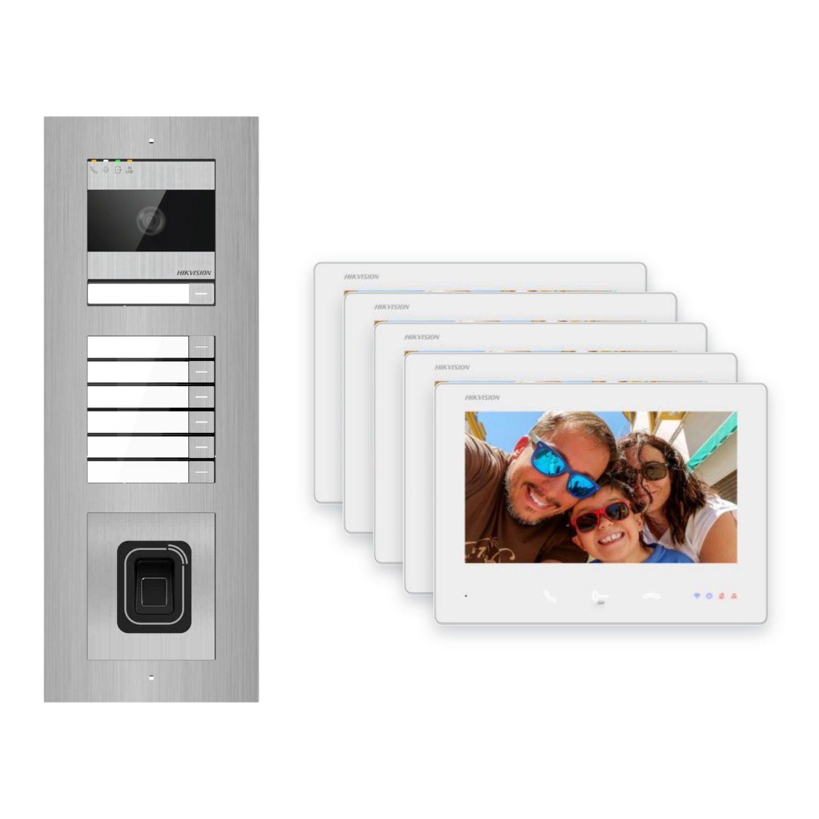 Hikvision 2-Draht-Bus Video-Türsprechanlage 5-Familienhaus – Komplett-Set mit Fingerprint, Unterputz Hikvision 2-Draht-Bus Video-Türsprechanlage 5-Familienhaus – Komplett-Set mit Fingerprint, Unterputz – Türstation und Innenstation