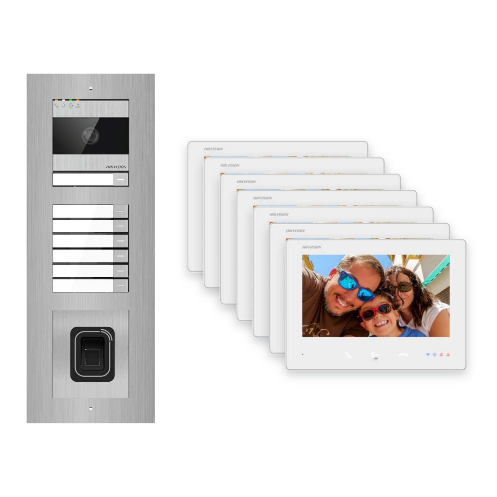 Hikvision 2-Draht-Bus Video-Türsprechanlage 7-Familienhaus – Komplett-Set mit Fingerprint, Unterputz Hikvision 2-Draht-Bus Video-Türsprechanlage 7-Familienhaus – Komplett-Set mit Fingerprint, Unterputz – Türstation und Innenstation