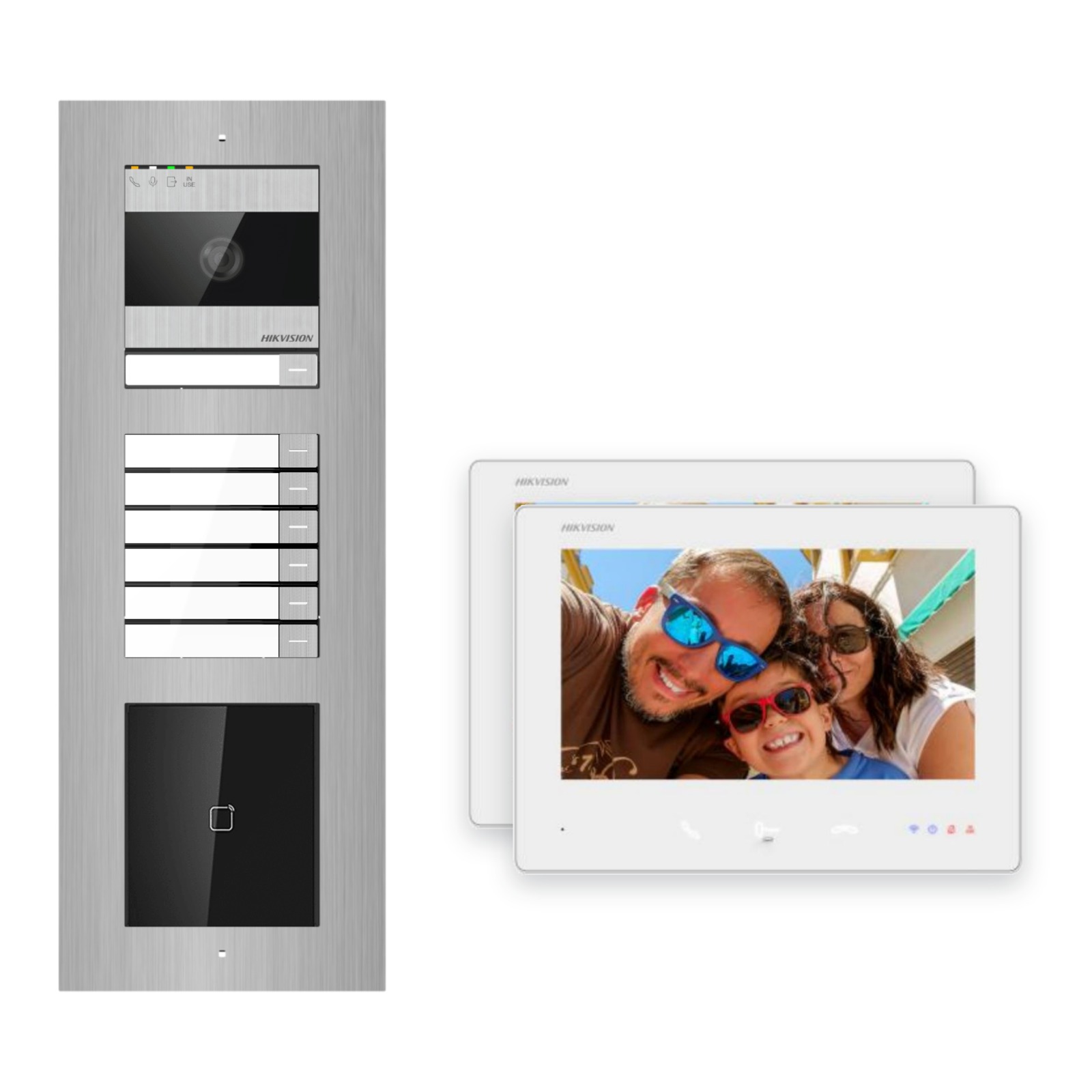 Hikvision 2-Draht-Bus Video-Türsprechanlage 2-Familienhaus – Komplett-Set mit Kartenleser, Unterputz Hikvision 2-Draht-Bus Video-Türsprechanlage 2-Familienhaus – Komplett-Set mit Kartenleser, Unterputz – Türstation und Innenstation