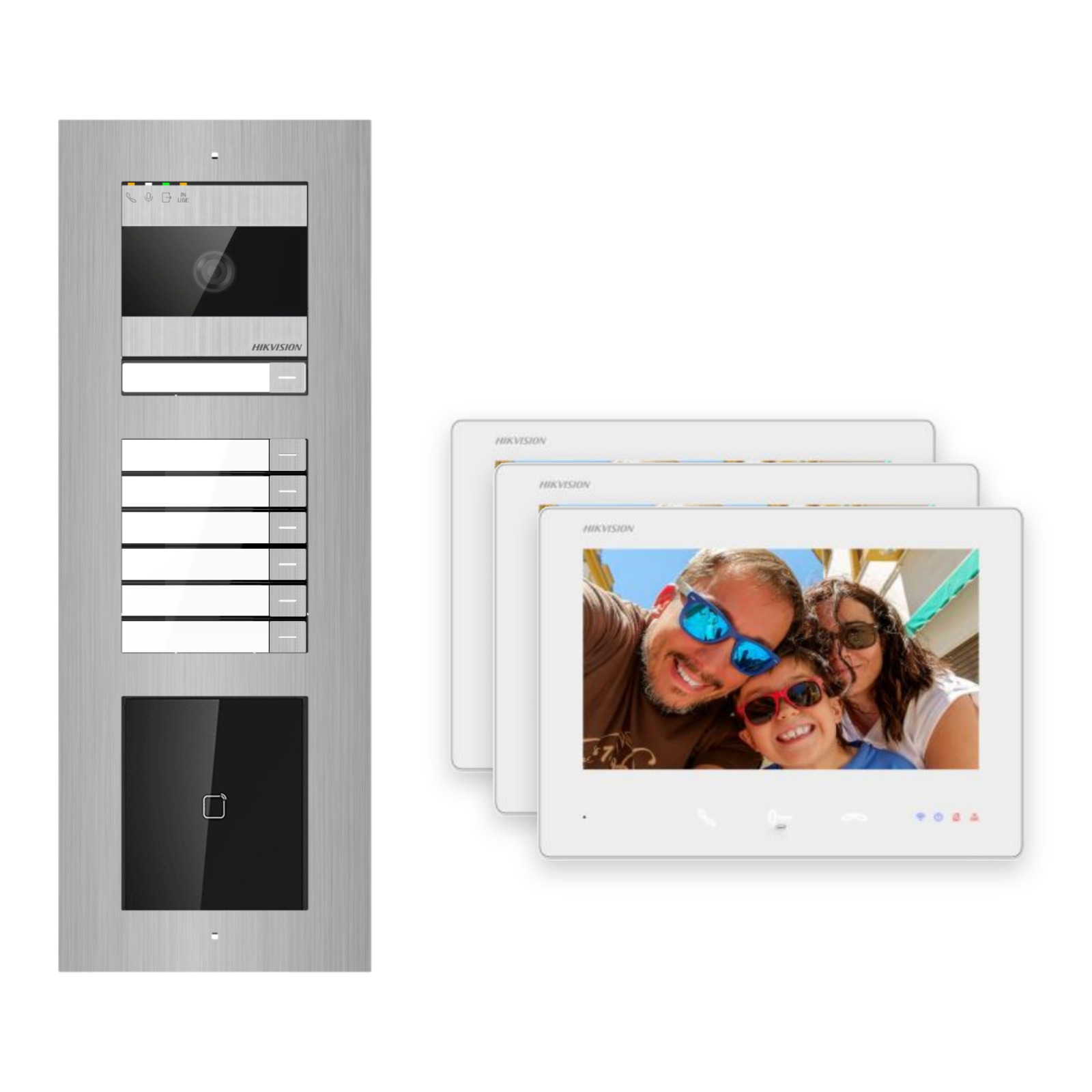 Hikvision 2-Draht-Bus Video-Türsprechanlage 3-Familienhaus – Komplett-Set mit Kartenleser, Unterputz Hikvision 2-Draht-Bus Video-Türsprechanlage 3-Familienhaus – Komplett-Set mit Kartenleser, Unterputz – Türstation und Innenstation