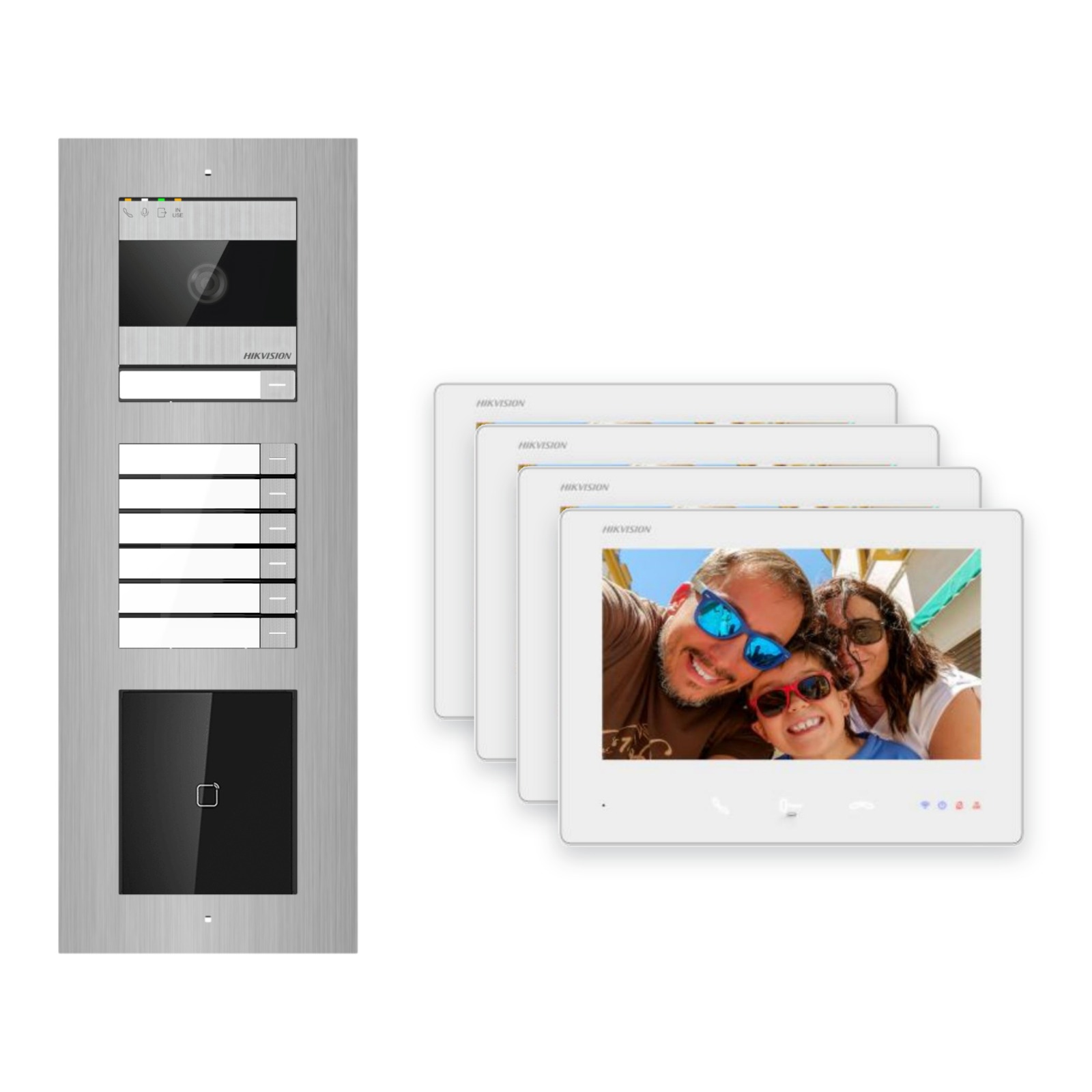Hikvision 2-Draht-Bus Video-Türsprechanlage 4-Familienhaus – Komplett-Set mit Kartenleser, Unterputz Hikvision 2-Draht-Bus Video-Türsprechanlage 4-Familienhaus – Komplett-Set mit Kartenleser, Unterputz – Türstation und Innenstation