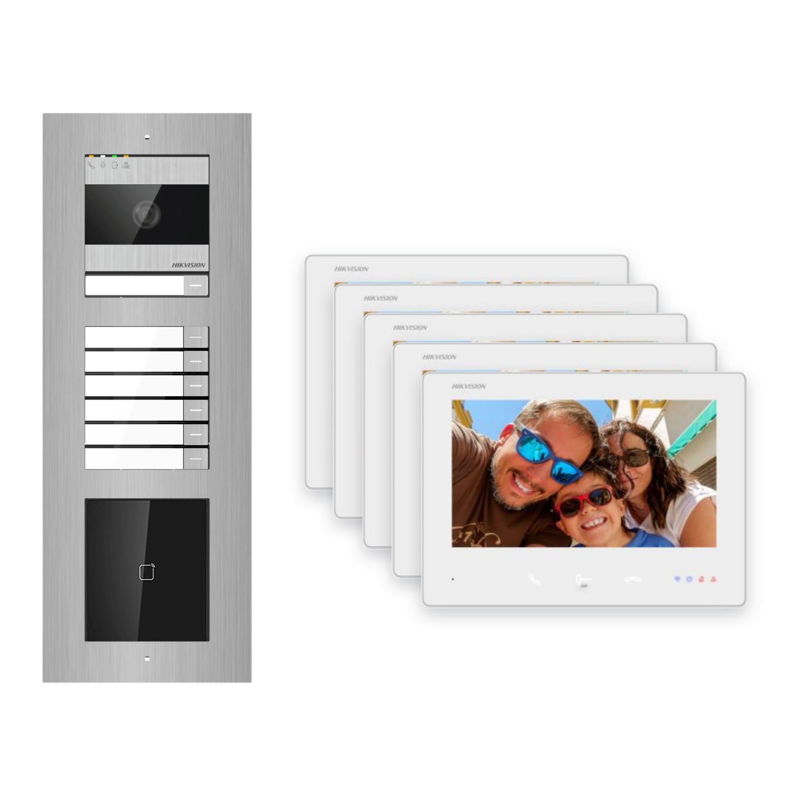 Hikvision 2-Draht-Bus Video-Türsprechanlage 5-Familienhaus – Komplett-Set mit Kartenleser, Unterputz Hikvision 2-Draht-Bus Video-Türsprechanlage 5-Familienhaus – Komplett-Set mit Kartenleser, Unterputz – Türstation und Innenstation
