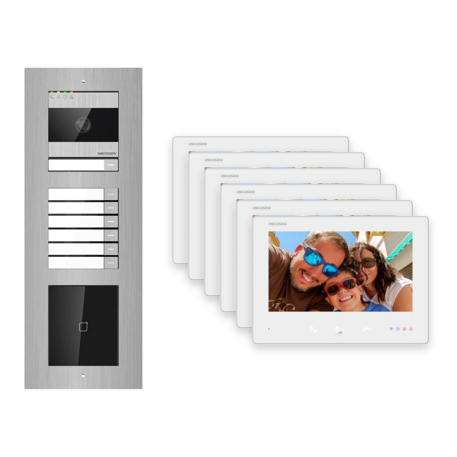 Hikvision 2-Draht-Bus Video-Türsprechanlage 6-Familienhaus – Komplett-Set mit Kartenleser, Unterputz Hikvision 2-Draht-Bus Video-Türsprechanlage 6-Familienhaus – Komplett-Set mit Kartenleser, Unterputz – Türstation und Innenstation