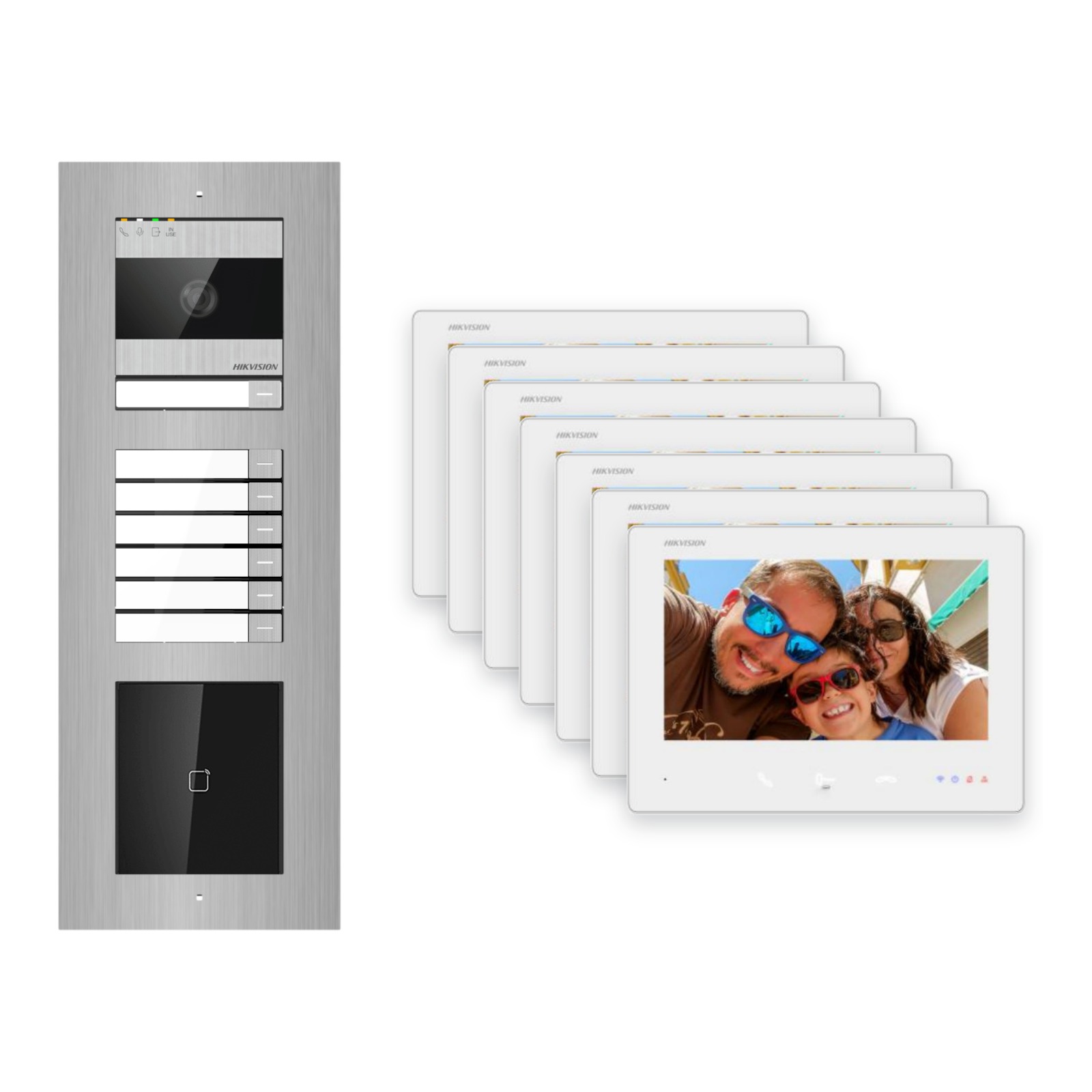 Hikvision 2-Draht-Bus Video-Türsprechanlage 7-Familienhaus – Komplett-Set mit Kartenleser, Unterputz Hikvision 2-Draht-Bus Video-Türsprechanlage 7-Familienhaus – Komplett-Set mit Kartenleser, Unterputz – Türstation und Innenstation