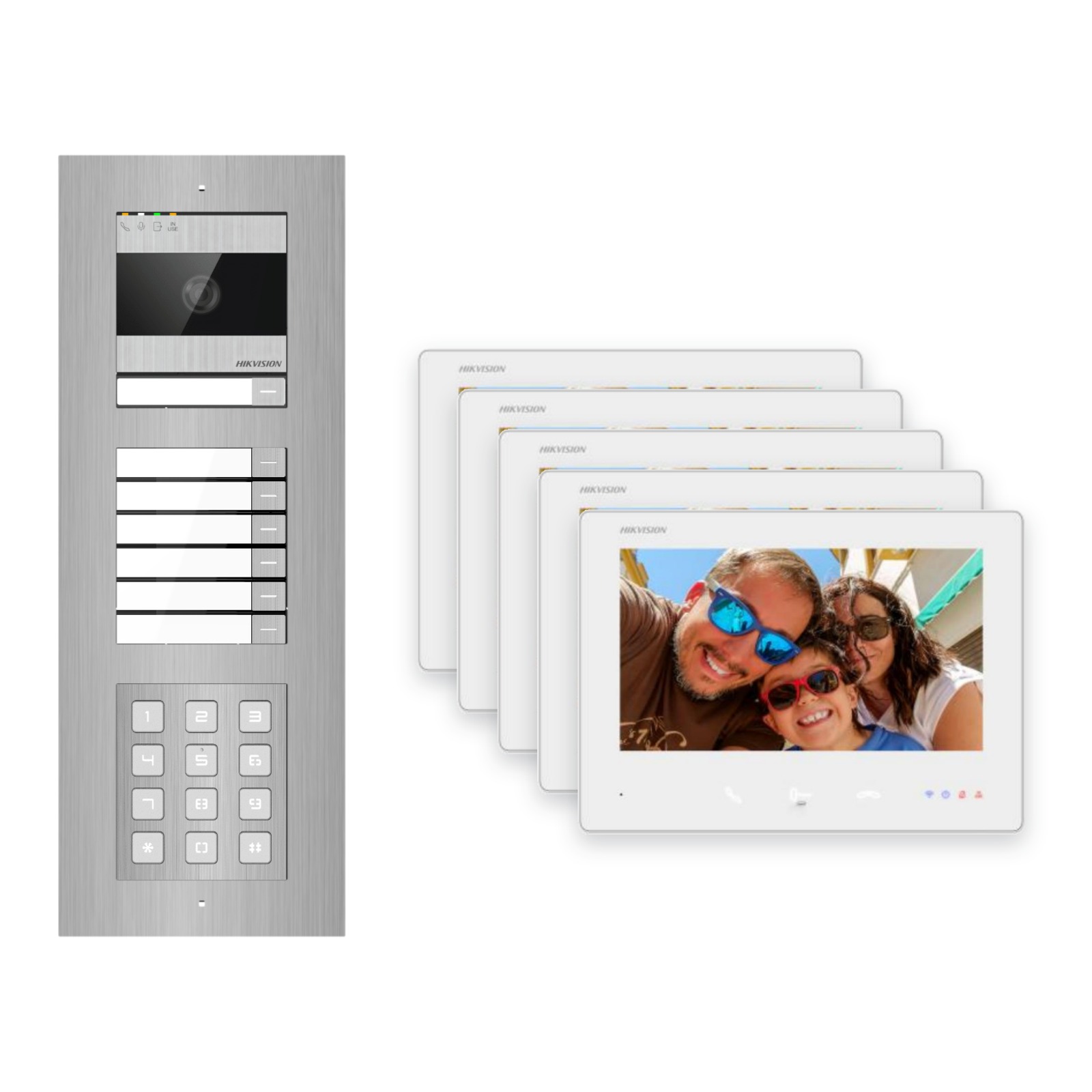 Hikvision 2-Draht-Bus Video-Türsprechanlage 5-Familienhaus – Komplett-Set mit Zahlencode, Unterputz Hikvision 2-Draht-Bus Video-Türsprechanlage 5-Familienhaus – Komplett-Set mit Zahlencode, Unterputz – Türstation und Innenstation
