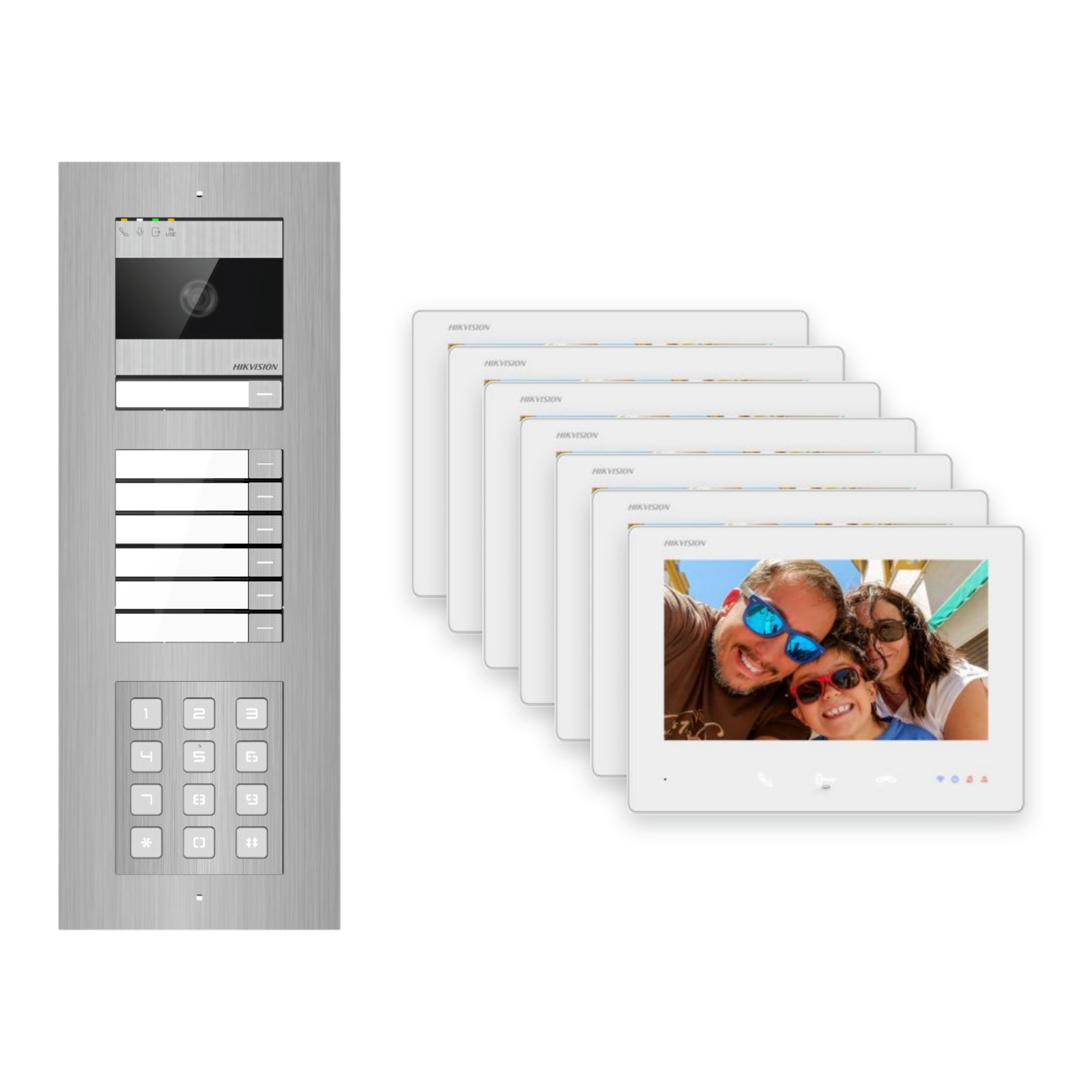 Hikvision 2-Draht-Bus Video-Türsprechanlage 7-Familienhaus – Komplett-Set mit Zahlencode, Unterputz Hikvision 2-Draht-Bus Video-Türsprechanlage 7-Familienhaus – Komplett-Set mit Zahlencode, Unterputz – Türstation und Innenstation
