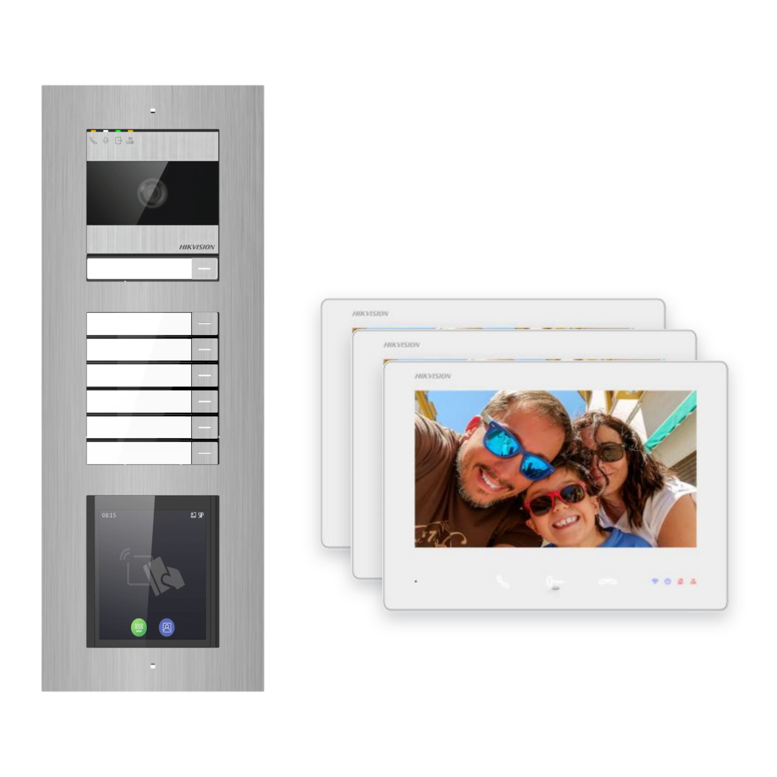 Hikvision 2-Draht-Bus Video-Türsprechanlage 3-Familienhaus – Komplett-Set mit Touch-Display, Unterputz Hikvision 2-Draht-Bus Video-Türsprechanlage 3-Familienhaus – Komplett-Set mit Touch-Display, Unterputz – Türstation und Innenstation