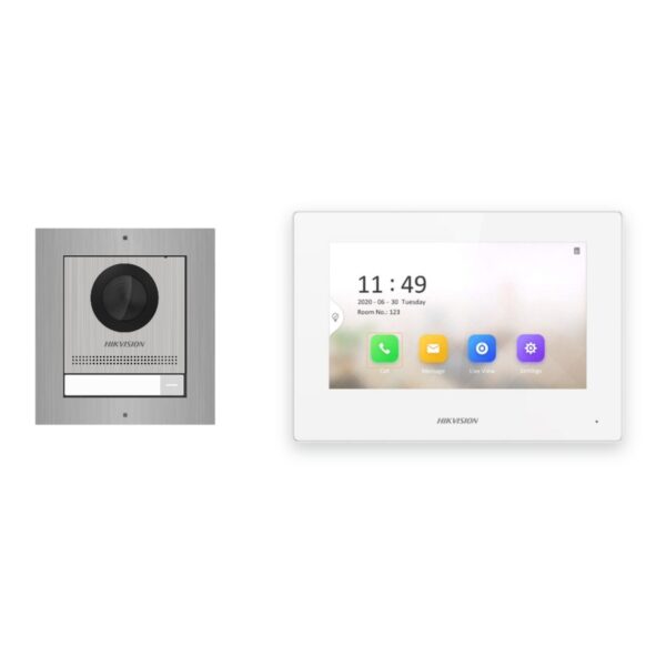 Hikvision 2-Draht-IP Video-Türsprechanlage Einfamilienhaus – Komplett-Set Edelstahl, Monitor weiss – Türstation und Innenstation
