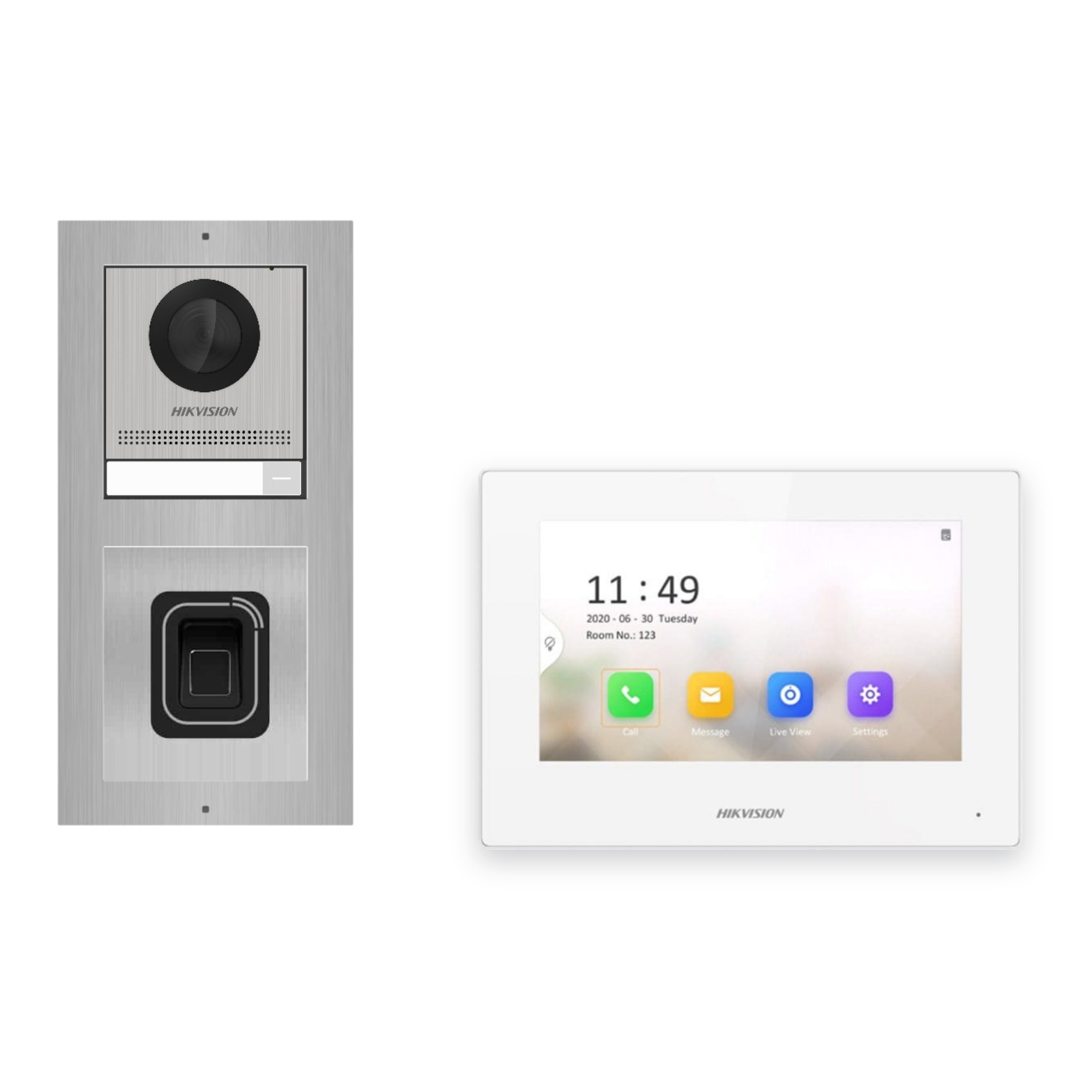 Hikvision 2-Draht-IP Video-Türsprechanlage Einfamilienhaus – Komplett-Set mit Fingerprint, Monitor weiss – Türstation und Innenstation