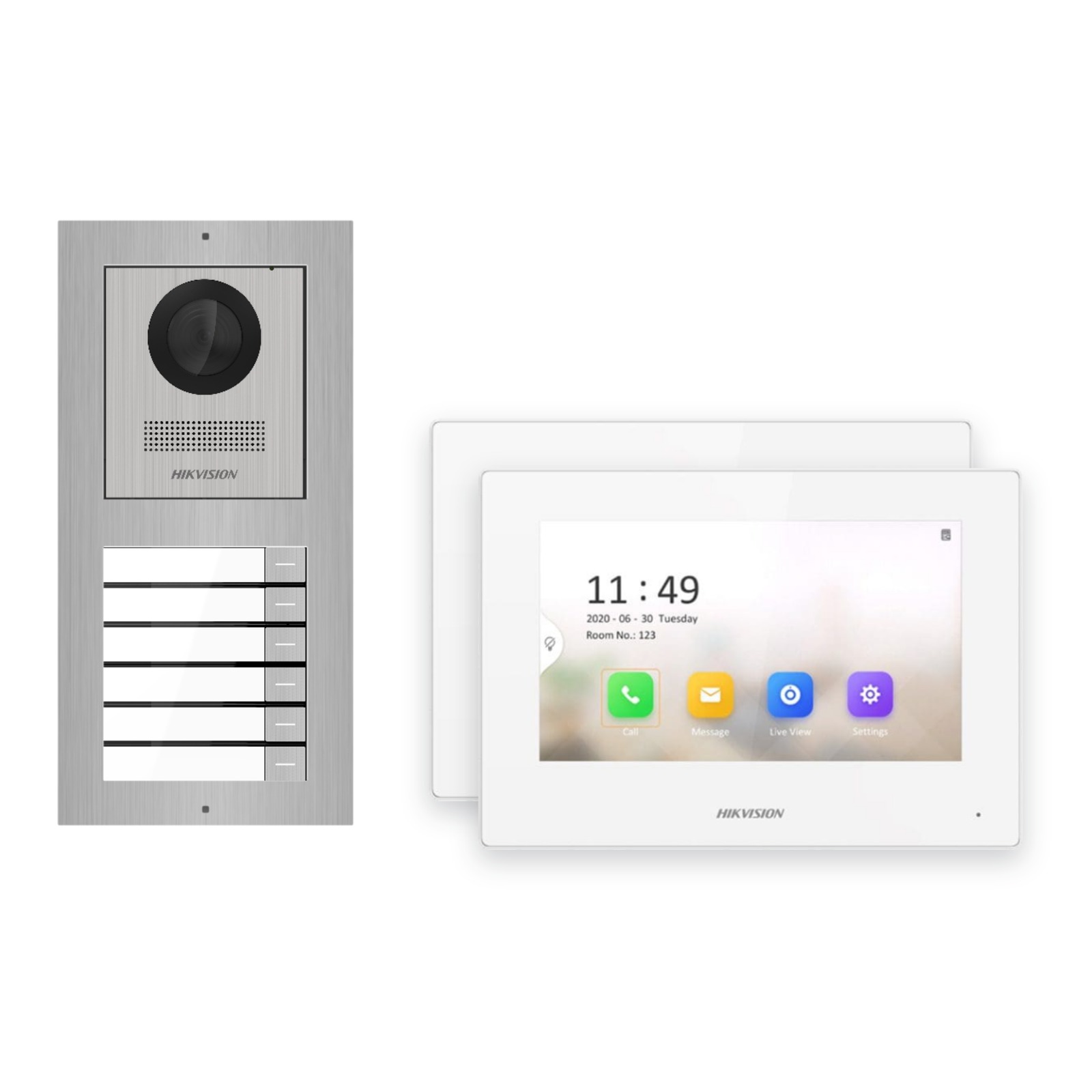 Hikvision 2-Draht-IP Video-Türsprechanlage 2-Familienhaus – Komplett-Set Edelstahl, Monitor weiss – Türstation und Innenstation