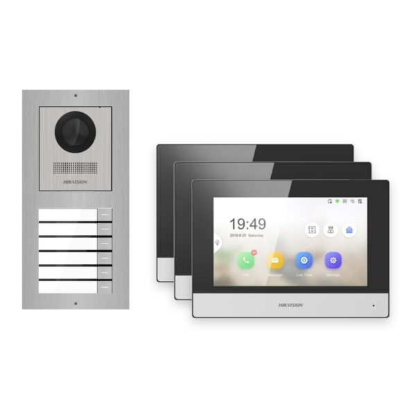 Hikvision 2-Draht-IP Video-Türsprechanlage 3-Familienhaus – Komplett-Set Edelstahl, Monitor schwarz – Türstation und Innenstation